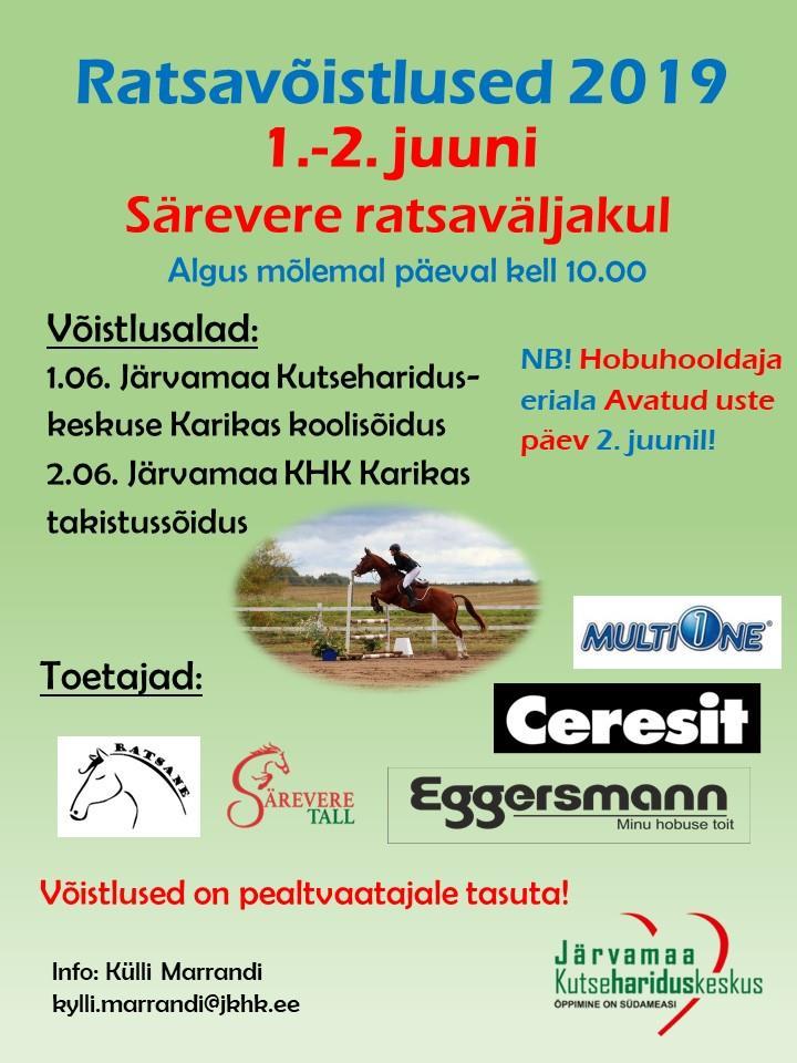 1.-2.juunil 2019 toimuvad Särevere ratsaväljakul ratsavõistlused ning 2.juunil hobuhooldaja eriala avatud uste päev.